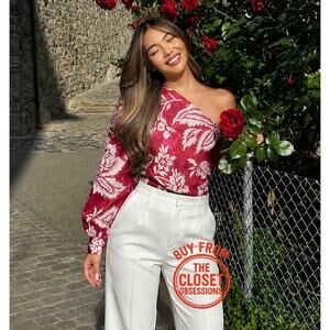 Mango NWT Red Floral Asymmetric Puff Sleeve Blouse 6 8
